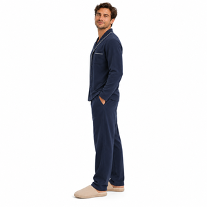 <b>Men</b> Luxury Breathable Cotton <b>Pajama</b> <b>Set</b> Long Sleeve Button Sleepwear Winter/Spring Warm Loungewear Matching Lounge Pants Navy - Product Image 2