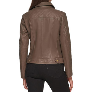 Chaqueta de motociclista de cuero genuino para mujer, color marrón, acolchada, con cierre de cremallera, cuello vuelto, abrigo corto. - Product Image 3