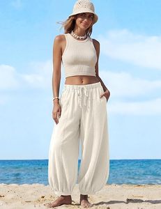 Pantalones de Lino para Mujer, Estilo Balón, Pierna Ancha, Palazzo, Harem, Fluidos, Holgados, con Cordón Ajustable, Cintura Elástica, para Verano - Product Image 3