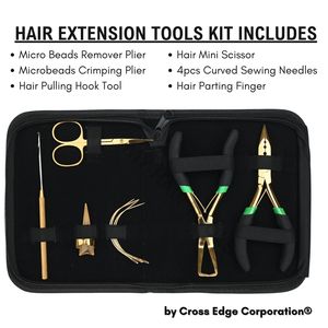 Kit complet d'outils pour extensions de cheveux noirs, comprenant des pinces pour extensions, des pinces à sertir, des pinces pour extensions à bandes, des mini-ciseaux et des aiguilles à coudre. - Product Image 2