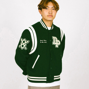 SINEWY SPORTS Men's Varsity Jacket Green 100% Cotton Wool Blend Embroidered Tiger Patch <b>Covered</b> <b>Button</b> Front Preppy Style Winter - Product Image 3
