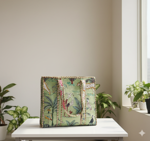 Green <b>Vintage</b> Canvas <b>Tote</b> <b>Bag</b> with Solid Color Pattern Lightweight Quilted Open Top Design for Shopping From Rajasthan - Product Image 1