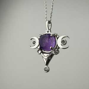 Triple Moon Amethyst Pendant 925 Silver Bezel Setting Vintage Neo Gothic Hecate Charm Unisex Engagement Jewelry Everyday Wear - Product Image 5