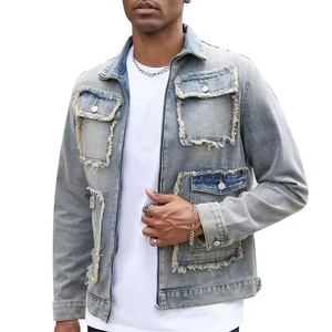 Chaqueta de Mezclilla Lavada para Hombre, Cuello Camisero, Bolsillos Deshilachados, Cierre de Cremallera, Estilo Casual de Primavera, Corte Regular, Color Sólido - Product Image 1