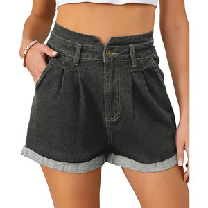 Shorts en jean délavé taille haute avec ourlet retroussé et fermeture boutonnée pour femme, style décontracté - Product Image 1