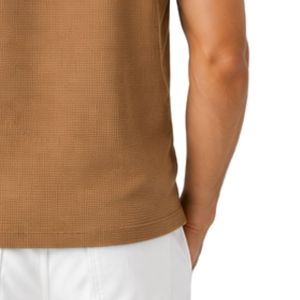 Men Customized Camel Brown <b>Waffle</b> Knit Quarter Zip Polo <b>Shirt</b> with Vertical Stripe Design Breathable Casual Golf Tennis Polo Top - Product Image 3