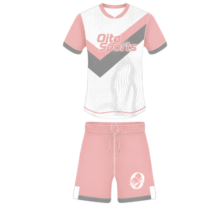 Ensemble uniforme de rugby rose clair, blanc et gris à manches courtes, maillot de rugby à col rond avec motif, short à cordon de serrage, performance athlétique pour équipe - Product Image 1