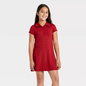Robe polo rouge à manches courtes pour filles, en coton tricoté, uniforme scolaire primaire - Product Image 1