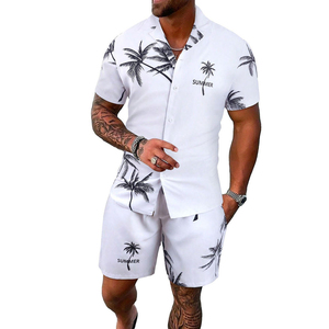 Conjunto de Camiseta y Pantalones Cortos de Verano para Hombre, Estilo Casual, Color Sólido, Estampado Moderno, Algodón y Lino, Diseño Casual Inspirado en Diseñadores - Product Image 3