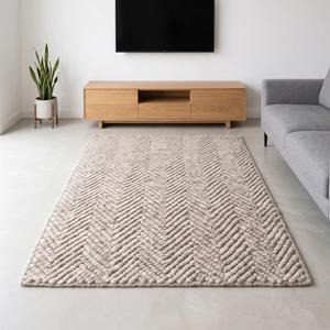 Tapis d'intérieur moderne minimaliste texturé en laine unie crème beige tissé à la main, antidérapant, à poils moyens - Product Image 1
