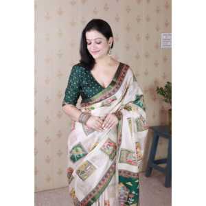 Sari en soie Tussar verte Elite Weaves avec imprimé Kalamkari audacieux et bordure tissée Zari – Vêtements indiens et pakistanais - Product Image 3
