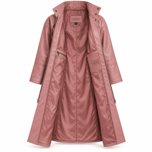 Abrigo de cuero rosa con cuello alto para mujer, chaqueta larga tipo trench con abertura lateral, servicio de fabricante OEM/ODM personalizado - Product Image 5