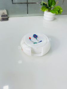 Handmade White Marble <b>Coaster</b> Set With Floral Inlay Design For Home Decoration Wholesale Best Price Available - Product Image 2