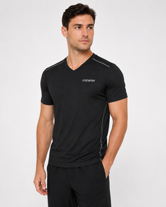 F2WIN Men's V-Neck Short Sleeve Quick Dry Casual Fleece Front Logo Regular Fit Black Knitted <b>Polyester</b> Wholesale Rate Breathable - Product Image 4