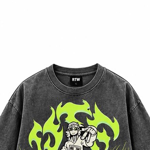 Camiseta Oversize de Hombre Lista para Ganar el Éxito, Estilo Urbano con Estampado de Personajes y Diseño de Graffiti Verde Neón, Manga Corta, Cuello Redondo - Product Image 2