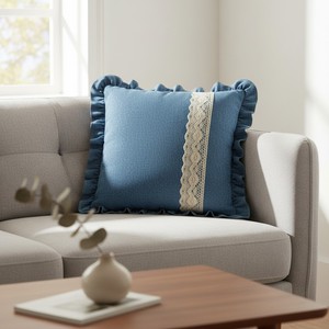 Denim <b>Square</b> Cushion Cover with Floral Lace Handmade Luxury Living Indian Manufacturer - Product Image 3