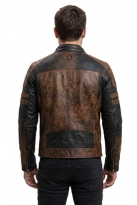 Blouson moto homme en cuir véritable, coupe slim, tanné, respirant, noir, marron, fermeture éclair, col montant, coupe classique, couleur unie - Product Image 3