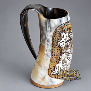 Mug à boire en corne naturelle gravé à la main, style viking, tasse à bière de style nordique, vaisselle rustique - Product Image 2