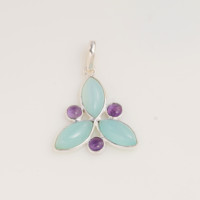 Pendentif en calcédoine bleue et améthyste, en argent sterling 925, fait main, pierres précieuses pastel, triple pierre, bijou porte-bonheur pour femme, style Art Déco