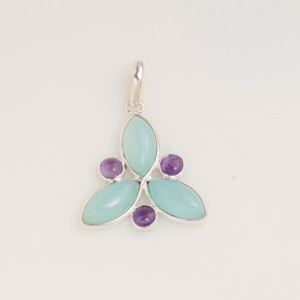 Colgante de Calcedonia Azul y Amatista, Plata de Ley 925, Hecho a Mano, Gema Pastel, Joyería con Triple Piedra, Amuleto para Mujer, Estilo Art Deco - Product Image 1