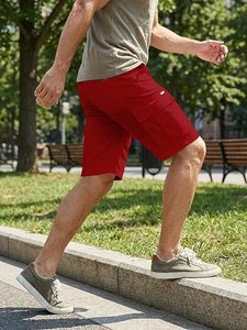 Shorts cargo pour homme, écologiques, rouges, taille mi-haute, avec cordon de serrage, décontractés, avec poches, respirants, en tissu 100% coton - Product Image 2