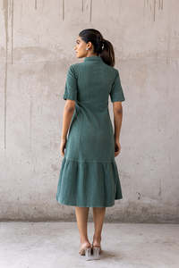 EMERALD COTTON DENIM MAXI <b>DRESS</b> Green Cotton Shirt Midi <b>Dress</b> With <b>Ruffle</b> Hem Turn-down Collar Short Sleeve Casual Daily Wear - Product Image 6