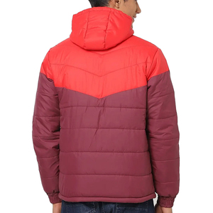 Men's Hooded Color Blocking <b>Puffer</b> <b>Jacket</b> Red And <b>Burgundy</b> Winter Thick Polyester Windproof Casual Zipper Front - Product Image 2