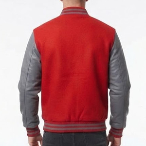 Veste de sport d'hiver pour homme de haute qualité, rouge et gris, à blocs de couleur, avec manches en cuir véritable, col montant et fermeture boutonnée - Product Image 4