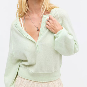 High Quality Casual Button Front Sweater Spring Wear Women <b>Light</b> Green Henley Neck Knitted <b>Cardigan</b> Full Sleeve Solid Color Tops - Product Image 1