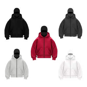 Sudadera con capucha doble capa tipo ninja con logotipo personalizado bordado, talla grande, con cremallera completa, estilo balaclava, para hombre, estilo gangster. - Product Image 6