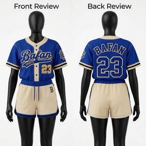 ชุดเสื้อยืดแขนกุดและกางเกงขาสั้นสำหรับผู้หญิง ผ้าโพลีเอสเตอร์ระบายอากาศได้ดี สีน้ำเงิน-เบจ  รับสกรีนโลโก้ - Product Image 6