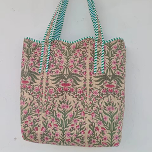 Bolsa de Mano Grande de Algodón Estampada a Mano con Bolsillo Inferior, Ecológica, Sostenible, Resistente, para Compras, Bolsas Acolchadas, Bolsos de Mano para Mujer - Product Image 1
