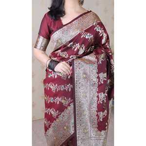 Robes de soirée Elite Weaves en soie douce marron, sari tissé Banarasi Jaal Meenakari Zari 650g - Product Image 5