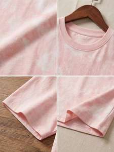 T-shirt à manches courtes col rond rose pour femme, 100% coton tricoté, couleur unie, décontracté, respirant, à porter au printemps et en été - Product Image 6