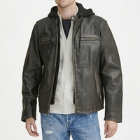Blouson en cuir véritable pour homme, col montant enduit, à capuche, fermeture éclair frontale, coupe ajustée, chaud, style moto, décontracté, automne