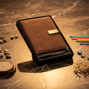 Coffret Cadeau Élégant Aurelux Premium : Carnet Relié en Velours PU Marron et Stylo Bille, 80 GSM, Sérigraphié, Gaufré et Doré - Product Image 4