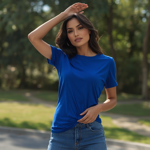 เสื้อยืดโพลีเอสเตอร์ผสมสแปนเด็กซ์สีน้ำเงินรอยัล 90/10 ยืดหยุ่นได้ แขนสั้น สำหรับออกกำลังกาย พร้อมบริการปรับแต่งแบบ OEM ODM - Product Image 1