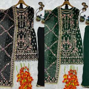 Conjunto Salwar Kameez de Georgette Heavy Fox con Bordado, Top con Moti y Espejo, Pantalón con Efecto Arrugado y Dupatta, Traje Étnico Completamente Cosido - Product Image 3