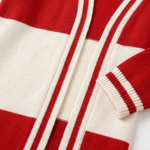 <b>Women</b> Long Knit <b>Cardigan</b> Color Blocking <b>Red</b> Cream Open Front Casual Full Sleeve Pockets 100% Acrylic - Product Image 5