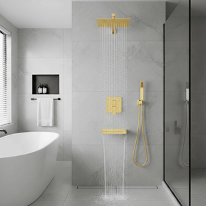 Set Doccia a Cascata Effetto Pioggia Oro Spazzolato da 10 Pollici con Soffione Quadrato, Doccetta e Rubinetto per Vasca da Bagno - Product Image 6