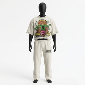 380 GSM Cotton Terry Crop <b>Top</b> and Jogger Set DTG Print <b>Rhinestone</b> Custom Logo Women's Sets - Product Image 1