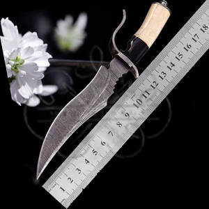 Cuchillo de Caza Bowie de Acero de Damasco, Forjado a Mano, con Mango de Cuerno de Búfalo y Hueso de Camello, para Caza y Camping, con Funda de Cuero - Product Image 6