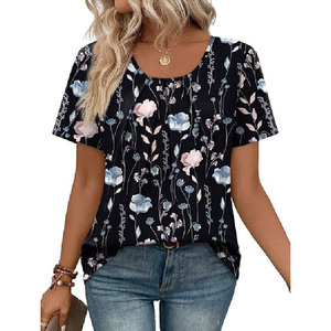 Camiseta Floral Personalizada OEM para Mujer, Cuello Redondo, Manga Corta Plisada, Blusa Casual Transpirable de Verano para Dama, Venta al por Mayor - Product Image 5
