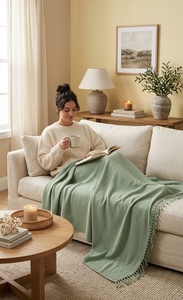 Manta de Invierno de Algodón Orgánico Verde Sólido con Flecos, Transpirable, Calefactable y Portátil para Decoración Moderna del Hogar - Product Image 2