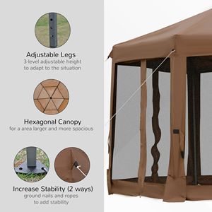Tenda a baldacchino esagonale marrone 13x13 con telaio in acciaio regolabile in altezza e pareti laterali in rete - Product Image 6