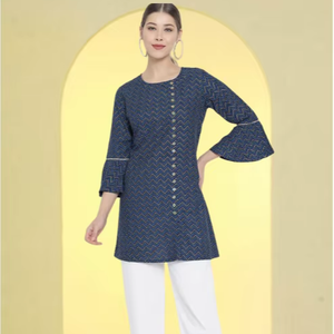 Venta al por Mayor de Kurtis Cortos con Estampado Zig Zag de Verano, Color Azul, Estilo Étnico, Casual, Cómodo y Elegante para Mujer - Product Image 1