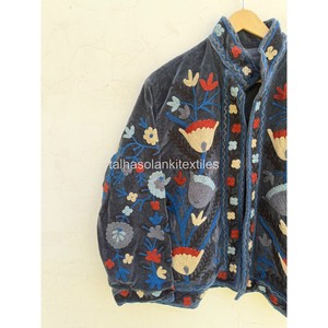 Indian Suzani <b>Velvet</b> Jacket Floral Embroidered <b>Velvet</b> Blouson <b>Women</b> Mandarin Collar Full Sleeve <b>Coat</b> Handmade Embroidery Design - Product Image 4