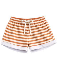 ชุดเซ็ตเสื้อครอปและกางเกงขาสั้นลายทางสีน้ำตาลขาวสำหรับผู้หญิง สไตล์ลำลองฤดูร้อน ชุดสองชิ้น เอวยางยืด ชุดลำลองใส่สบายๆ สตรีทแวร์ รับผลิตแบบ OEM - Product Image 3