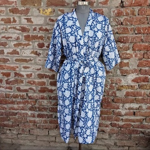 Unisex Hand Block Printed Cotton <b>Kimono</b> Indian Style Dressing Floral Print Drawstring Handmade <b>Beach</b> Cover Grown Ups Dress - Product Image 1