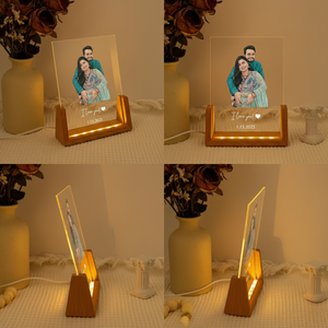 Acrylic Photo Frame With <b>LED</b> <b>Light</b> Wooden Base Personalized Couple Portrait Display Desk Lamp Warm White 2700K Modern Design - Product Image 3
